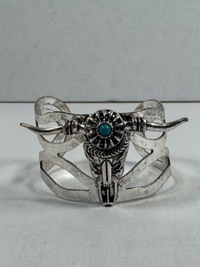 Western Longhorn Steer Skull Turquoise Look Silver Tone Cuff Bracelet